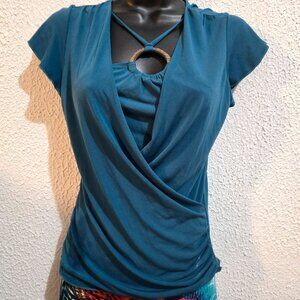 B-Works Teal Ruched Top With Wood Ring Detail - Womens Size S